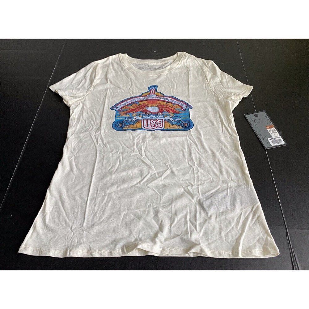 Harley Davidson Women's Sz L Milwaukee USA Graphic Tee Top T-Shirt Beige NEW